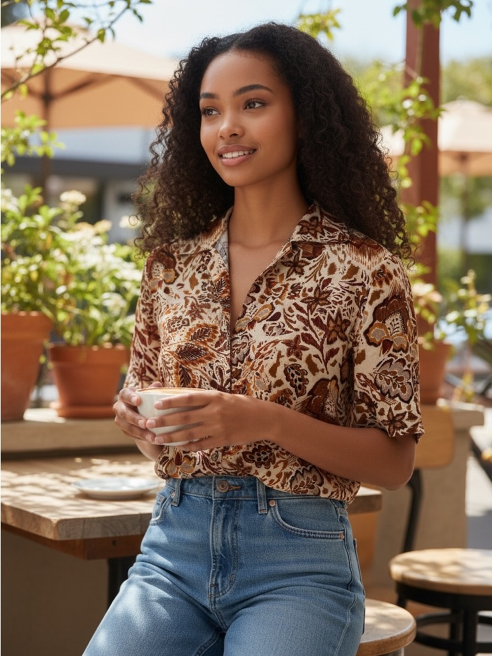 Olivaceous Brown & Cream Floral Cropped Short-Sleeve Button-Down Shirt